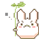 A small white pixel bunny with a grumpy face holding a green sprout.