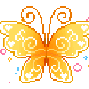 Three golden pixel art butterflies in different poses surrounded by tiny colorful sparkles.