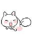 A small white pixel art cat spinning happily while surrounded by pink hearts.