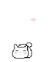 A white kitten jumping and playing with floating pink hearts in a pixel art style.