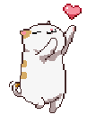 A cute calico cat jumping and reaching out to catch a floating pink heart in a pixel art style.