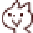 A white pixel cat turns pink with a blushing expression while cherry blossoms appear around its head.