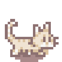 A small brown tabby cat curls up and falls asleep in a pixelated animation.