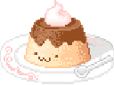 A cute pixelated flan with a happy face and whipped cream on top, wiggling on a plate.