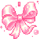 A pixel art pink ribbon bow with sparkles and a small heart icon.