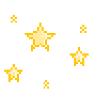 Yellow pixelated stars and sparkles floating against a white background.