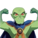 Martian Manhunter flexing his muscles with a wide, menacing grin.
