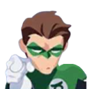 A male superhero with a green mask points his finger directly forward with a serious expression.