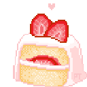 Strawberry cake with a small heart above it rendered in a cute pixel art style.