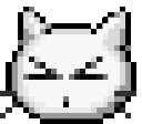 Cat face with narrowed eyes and a small mouth, conveying a grumpy expression in pixel art style.