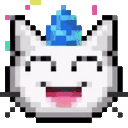 White cat with a blue party hat smiling widely with confetti falling around it.