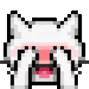 A white pixel art cat blushing with its paws covering its face.
