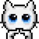 A white pixelated cat with large, teary blue eyes looking up with a pleading expression.