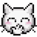 White cat with pink blush covering its mouth while giggling in a pixel art style.