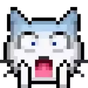 A blue and white pixelated cat with wide eyes and a gaping mouth expressing extreme shock.
