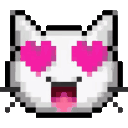 A pixel art white cat head with large pink heart-shaped eyes and an open mouth with a tongue sticking out.