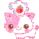 A glittery pink kitten wearing a chef hat with a strawberry on top, smiling happily.