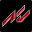 Red angular logo with sharp edges set against a black background.