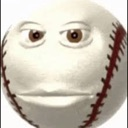A baseball with human eyes and lips staring with a deadpan, judgmental expression.
