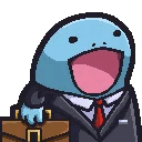 Two blue round creatures wearing black suits and red ties holding brown briefcases with wide happy smiles.