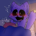 A purple cat-like creature with large dark eyes and a deep blush peeking out from under a blue blanket.