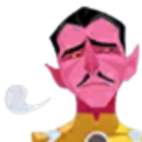 A pink-skinned man with a mustache looking down with a weary and disappointed expression while exhaling.