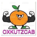 A cartoon orange with a stern expression and large muscular arms flexing.