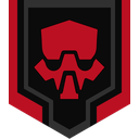 A stylized red and black mask icon centered within a dark shield shape.