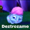 A blue 3D creature with pink hair looking down with a blank expression and the text Deztrozame at the bottom.