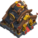 A 3D isometric fortress building with brown wooden beams, gold accents, and a gray stone base.