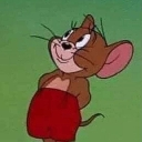 Jerry Mouse looking upward with a smug and mischievous grin while wearing red shorts.