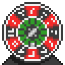 Casino wheel with red, green, and black segments in a pixel art style.