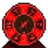 Red circular gear symbol with a glowing center and geometric markings on a dark background.