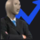 A surreal mannequin in a suit stands with arms crossed in front of a blue rising arrow.