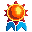 A glowing orange and yellow pixelated orb with a starburst effect, resting on two blue wing-like shapes.