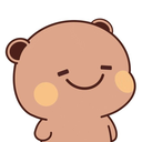 A small brown bear with a smug, closed-eye smile and rosy cheeks.
