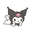 Kuromi lying on her stomach with her chin in her hands and a mischievous expression.