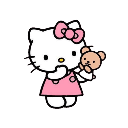 Hello Kitty wearing a pink dress and holding a small brown teddy bear.