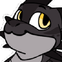 Dragon with black scales and yellow eyes looking up with a wide, innocent expression.
