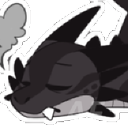 A sleepy black dragon with closed eyes and a small puff of smoke rising from its head.