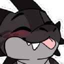 A black dragon with a gray muzzle sticking its tongue out in a cute blep expression.