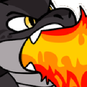 Dragon with an angry expression breathing a stream of orange and yellow fire.