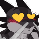 A black and gray dragon character with yellow heart-shaped eyes and a red blush, looking smitten.