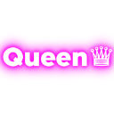 Queen text in white next to a white crown icon on a bright pink background.