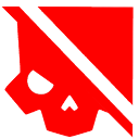 Skull icon in bright red with a diagonal black stripe across it in a pixel art style.