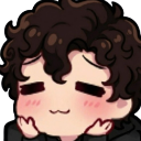A person with curly hair and closed eyes blushing with hands resting under their chin.