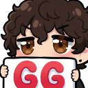 Anime character with curly hair holding a white sign with red GG letters.