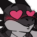 A black dragon character with heart-shaped eyes and a blushing face.