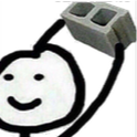 A simple stick figure with a smiling face holding a gray cinder block above its head.