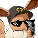 Eevee wearing an FBI cap and pixelated sunglasses holding a handgun.